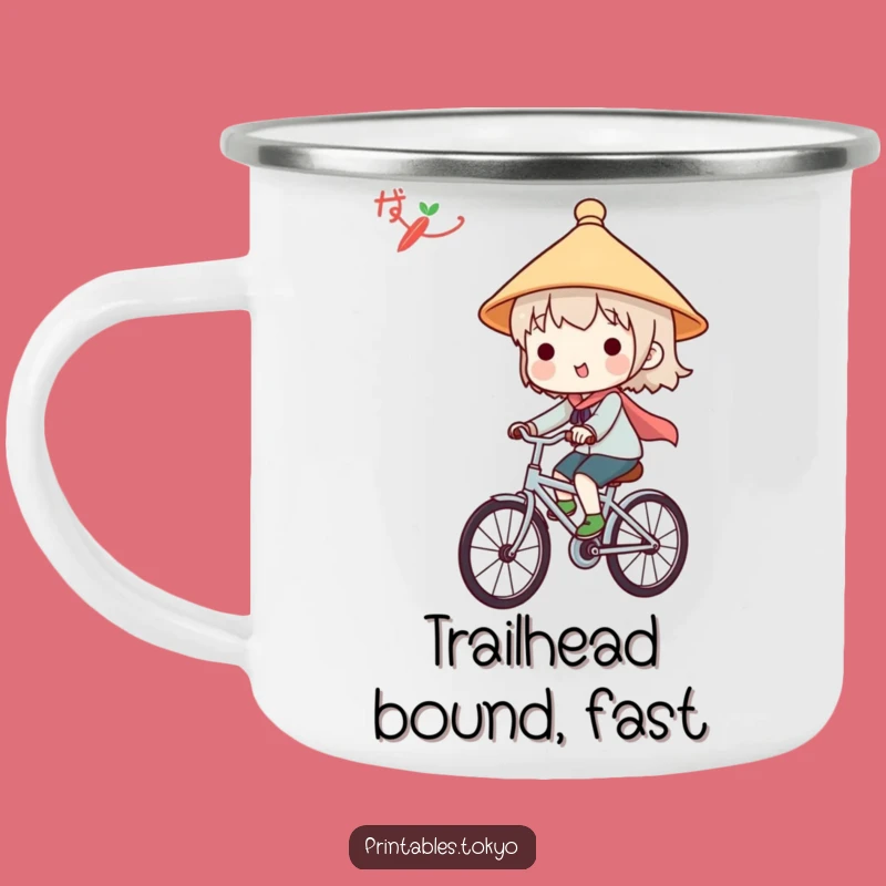 Funny Japanese Hat Camping Mug - Cute Character Bicycle Rider Outdoor Gift