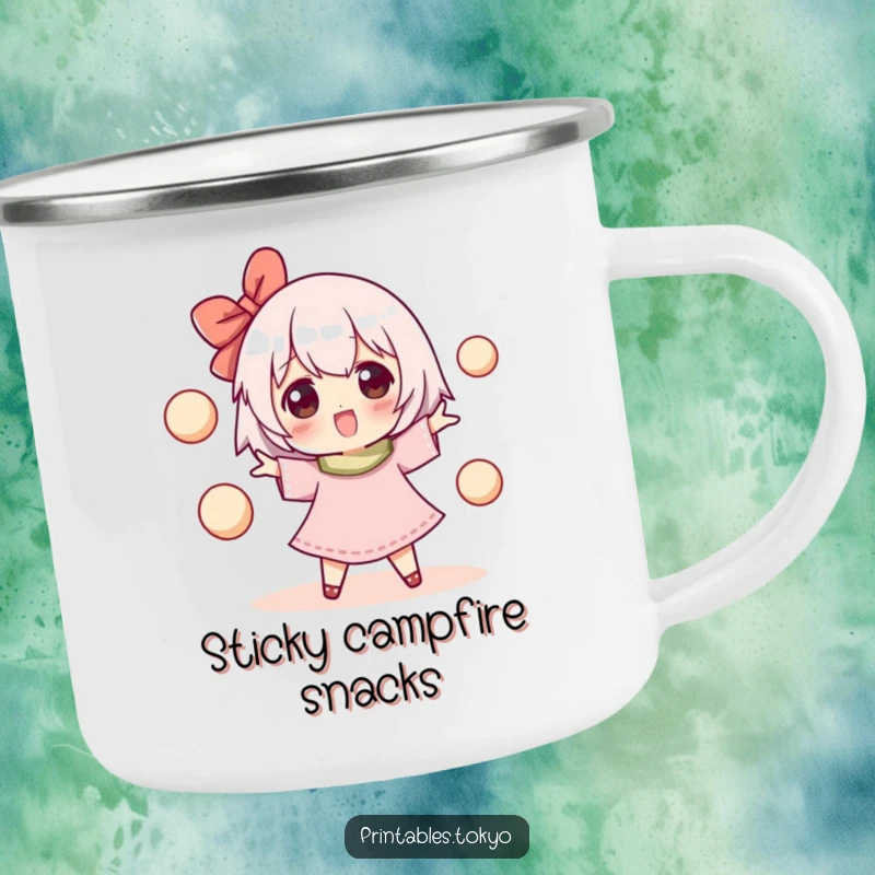 Funny camping mug with a happy character juggling round mochi balls, ideal for outdoor enthusiasts who love a sweet treat.