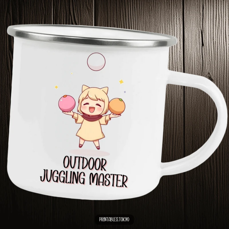 Funny camping mug featuring a character juggling colorful mochi balls, designed for outdoor fun and humor.