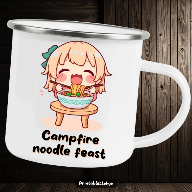 Funny camping mug depicting a character enthusiastically eating a steaming bowl of noodles during an outdoor adventure.