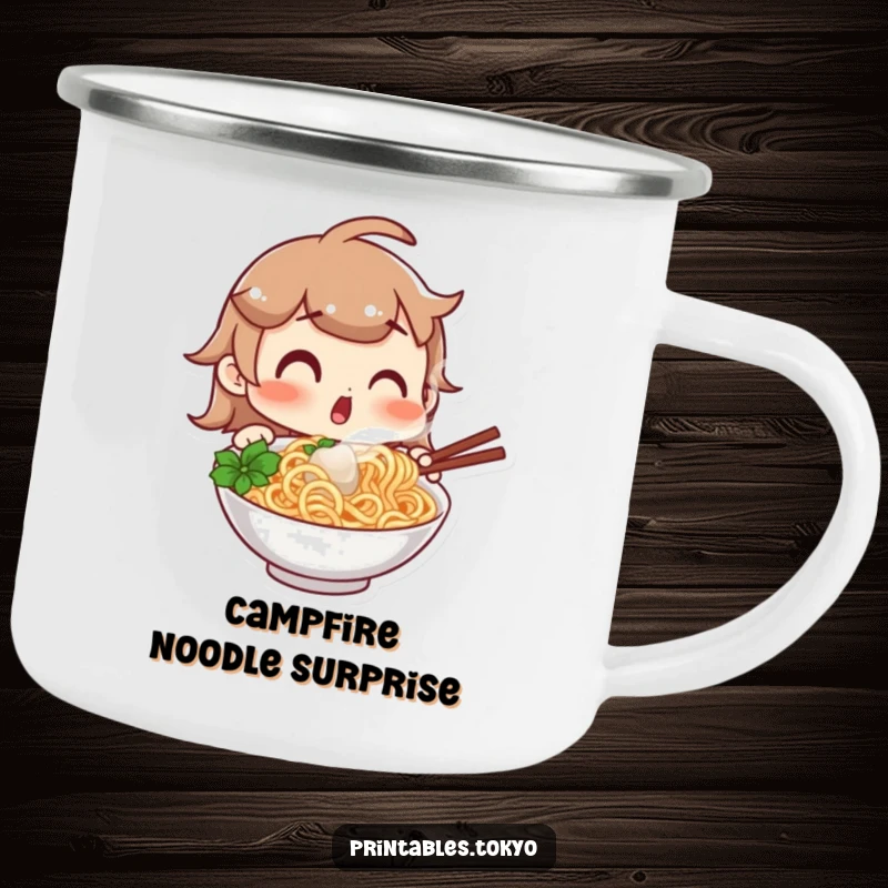 Funny camping mug with a character showing a surprised expression at a steaming bowl of noodles, perfect for outdoor sipping with a humorous foodie twist.