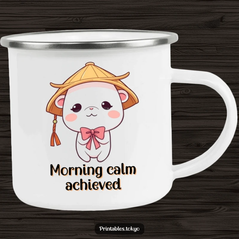 Funny cute creature wearing a traditional Japanese hat, bowing shyly, on a sturdy camping mug. Great for outdoor use and gentle humor.