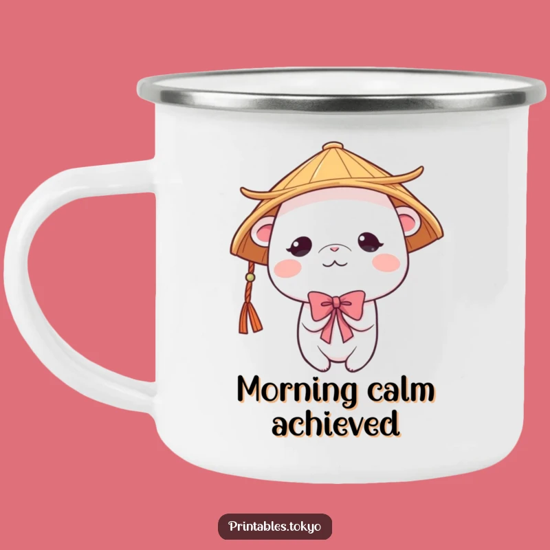 Funny Shy Creature Japanese Hat Camping Mug - Adventure Fuel with Polite Charm