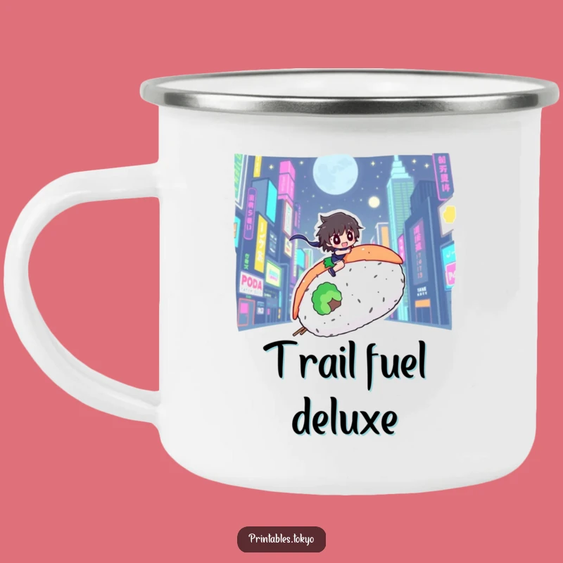 Funny Sushi Rider Camping Mug: Neon City Character, Urban Outdoor Sips