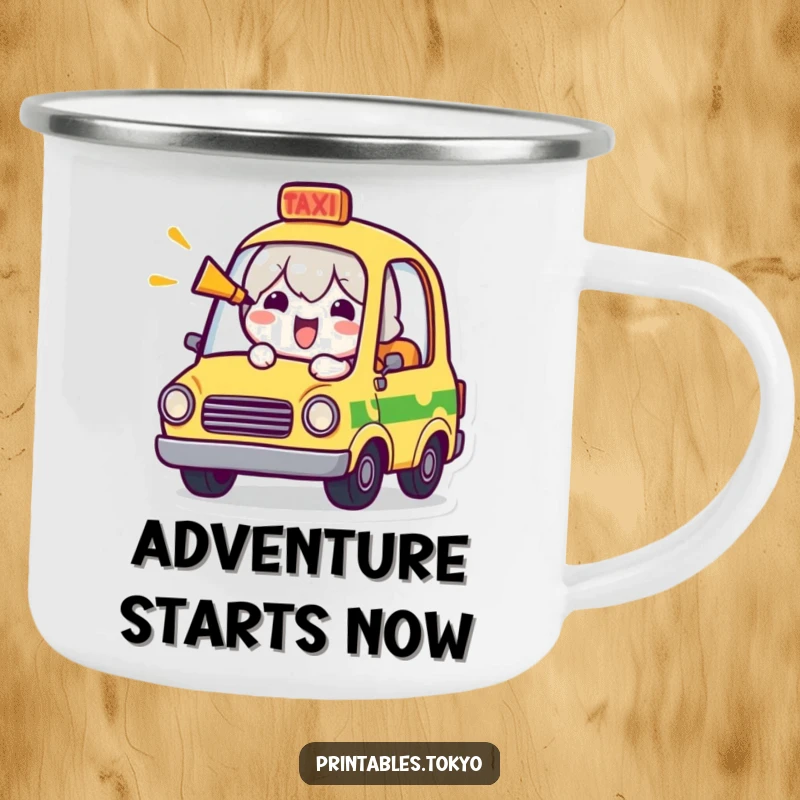 Funny camping mug with a cheerful character in a tiny taxi, comically honking the horn, ideal for outdoor enthusiasts.