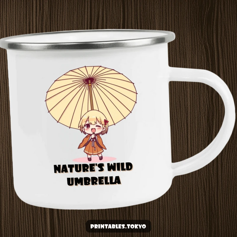 Funny umbrella struggle camping mug, a character comically trying to open a large Japanese umbrella, built for outdoor adventures and laughs.