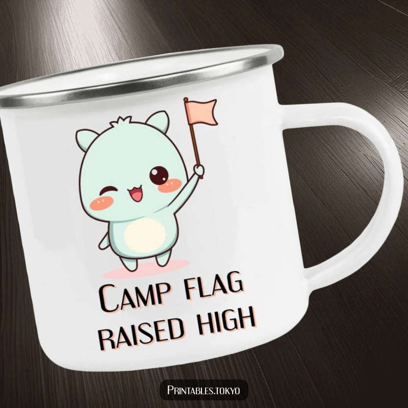 Funny camping mug with an excited character waving a small paper flag, perfect for outdoor celebrations and spirit.