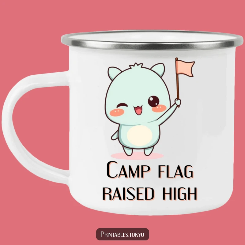 Funny Waving Flag Camping Mug - Excited Character Outdoor Cheer Gift