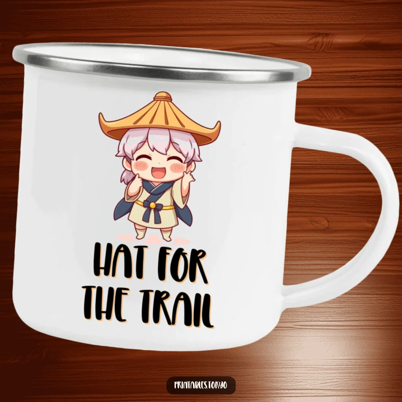 Funny camping mug with a character in a Japanese hat striking a comical pose, designed for outdoor enthusiasts who love humor.