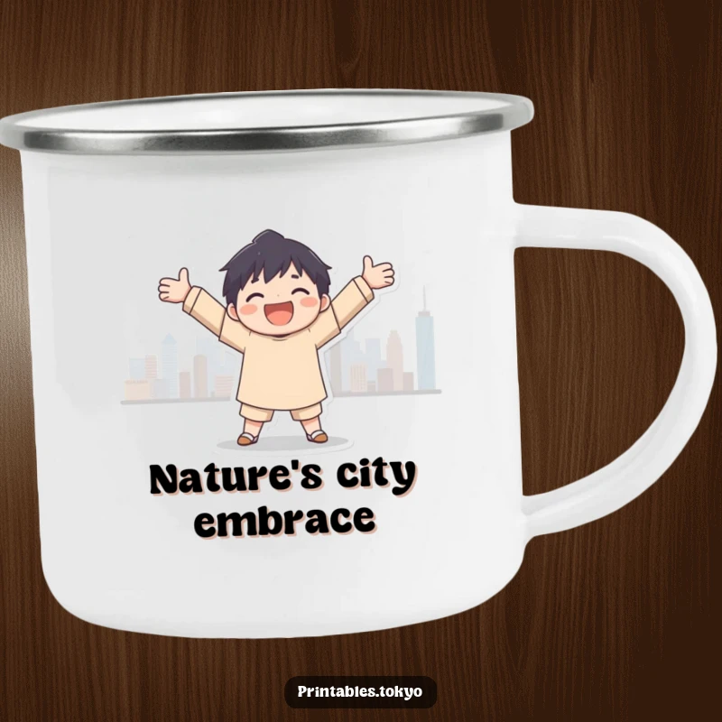 Funny city embrace camping mug, a character joyfully embracing a city skyline silhouette, perfect for urban explorers outdoors.