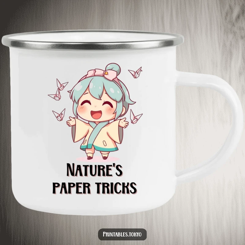 Funny camping mug featuring a character happily juggling small origami cranes, designed for rugged adventures and cheerful moments.