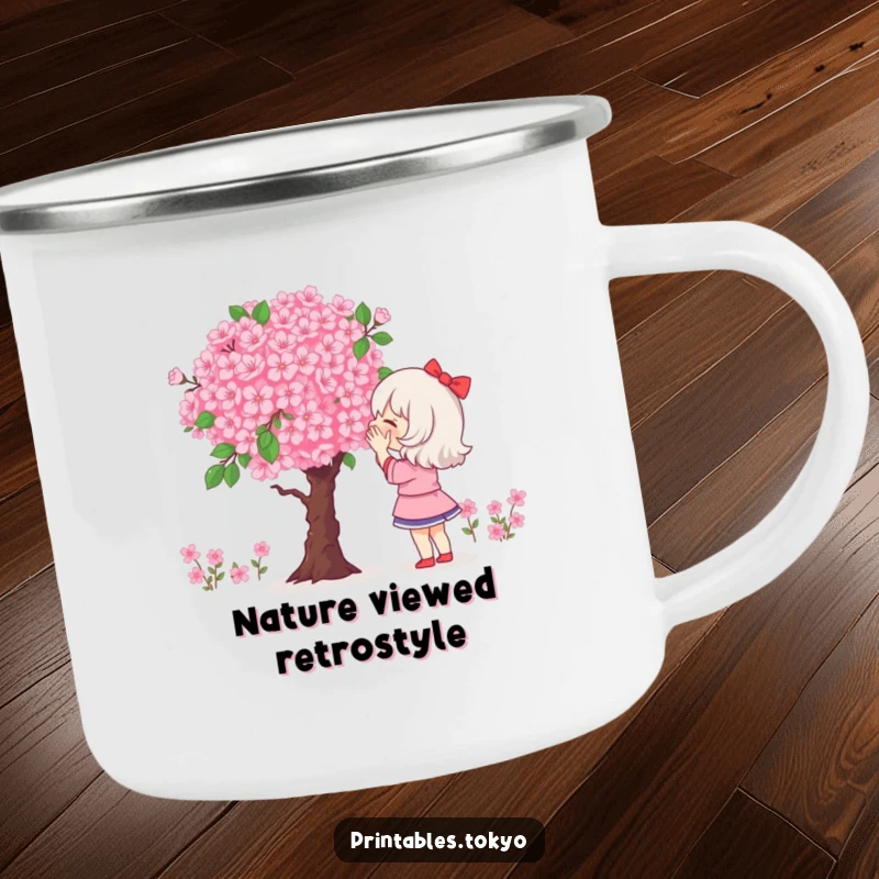 Funny camping mug showing a character admiring a large, pixelated bouquet of cherry blossoms.
