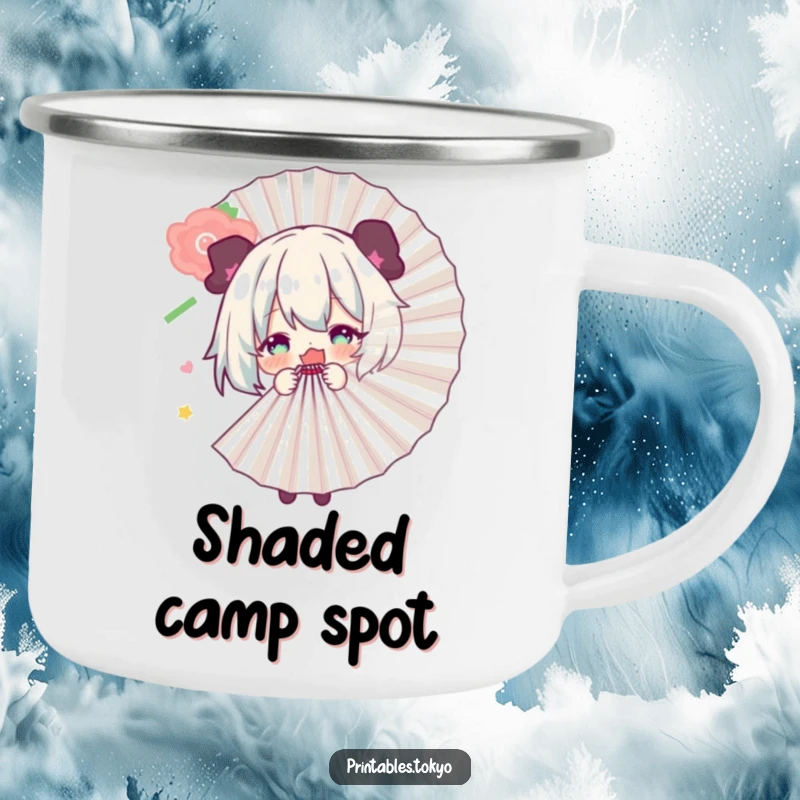 Funny camping mug depicting a character playfully hiding behind a large fan, perfect for enjoying outdoor beverages with a touch of whimsy.