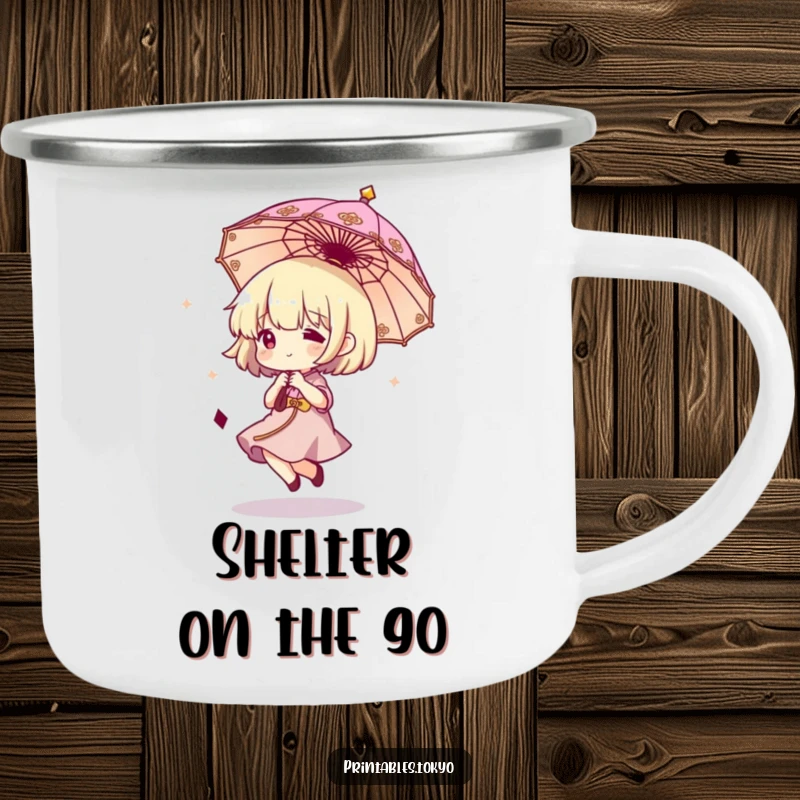 Funny camping mug design of a happy character bouncing a miniature ornate umbrella, perfect for enjoying drinks outdoors with a smile.