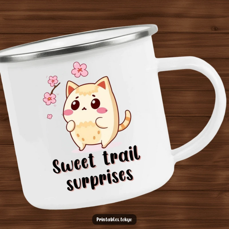Funny surprised taiyaki character with wagging tail, avoiding a falling cherry blossom, on a durable camping mug.
