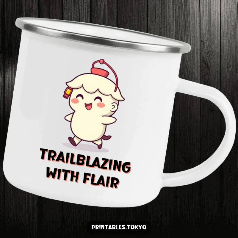 Funny Camping Mug: A cheerful character with a stylized lantern walks, ideal for outdoor adventures and bringing humor to camping trips.
