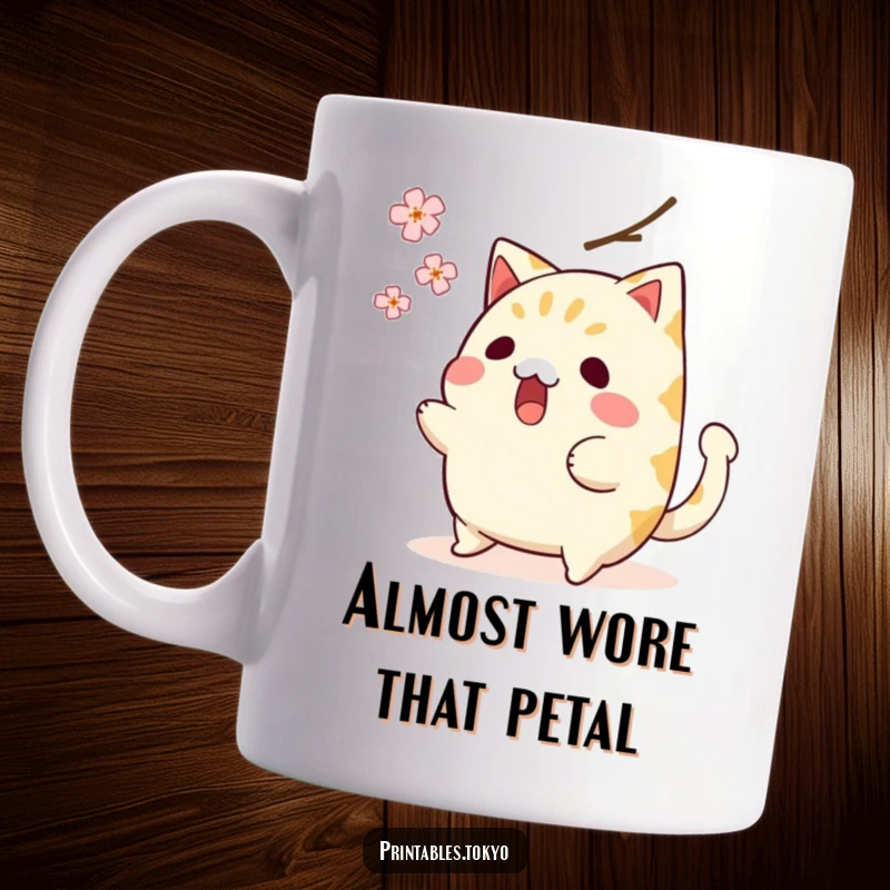 Funny mug featuring a surprised taiyaki character with a wagging tail, narrowly avoiding a falling cherry blossom, great for a laugh.