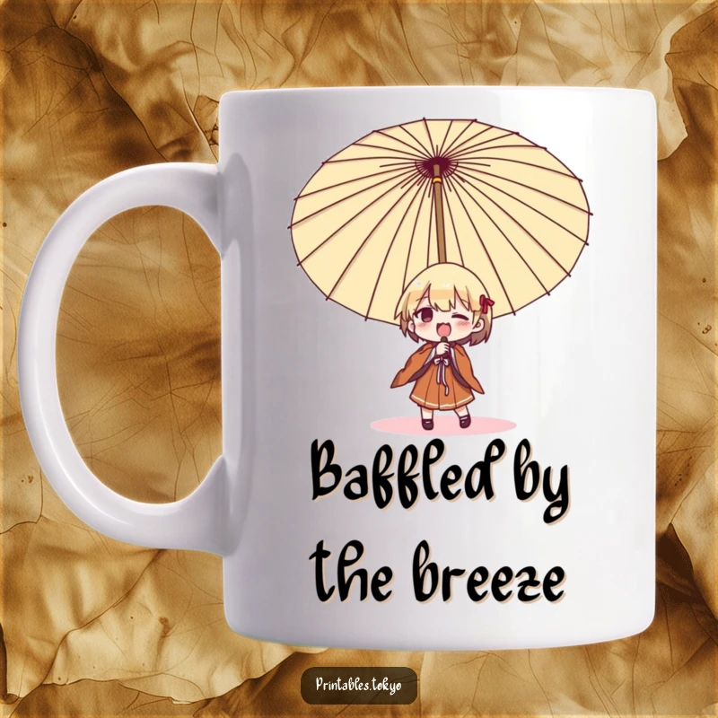 Funny umbrella struggle mug, a character comically fighting an oversized Japanese umbrella, a humorous gift for those who face challenges.