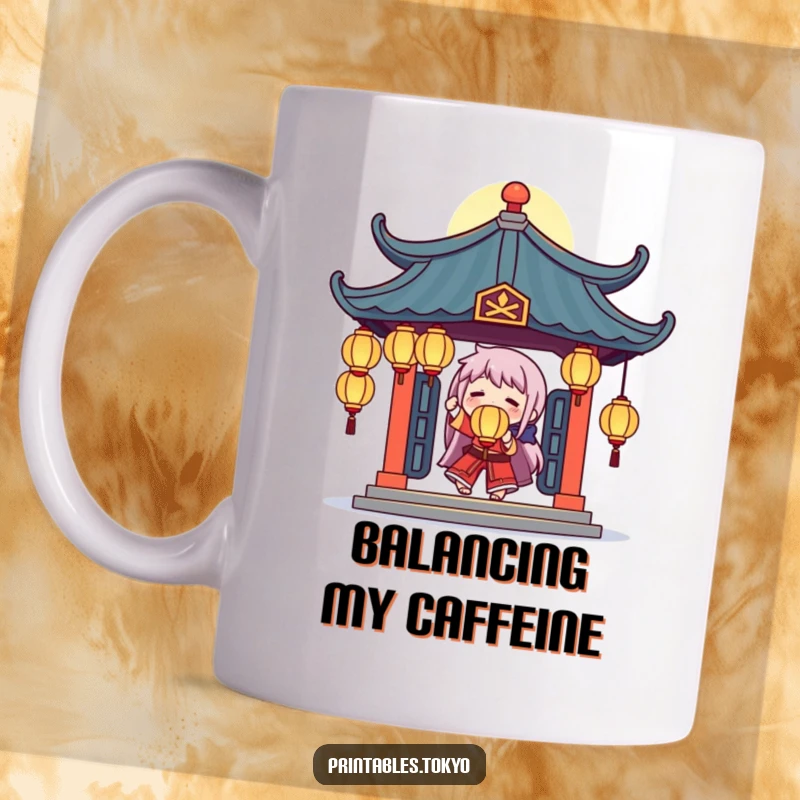 Funny mug depicting a character skillfully juggling glowing lanterns beneath a stylized temple roof with a joyful expression.