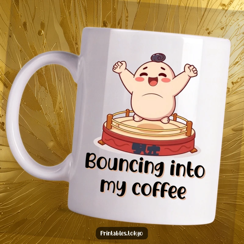 Funny mug featuring a character joyfully bouncing energetically on a small, stylized sumo wrestling ring.