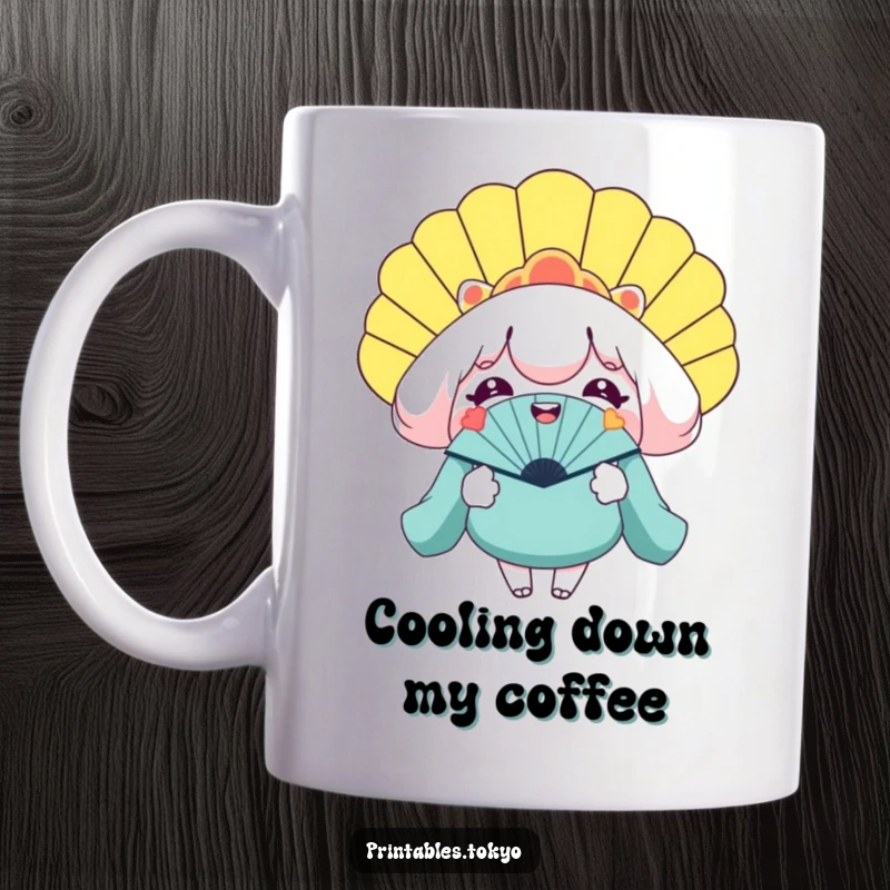 Funny mug showing a character with a wide smile, holding open a gigantic novelty fan, looking cool and happy.