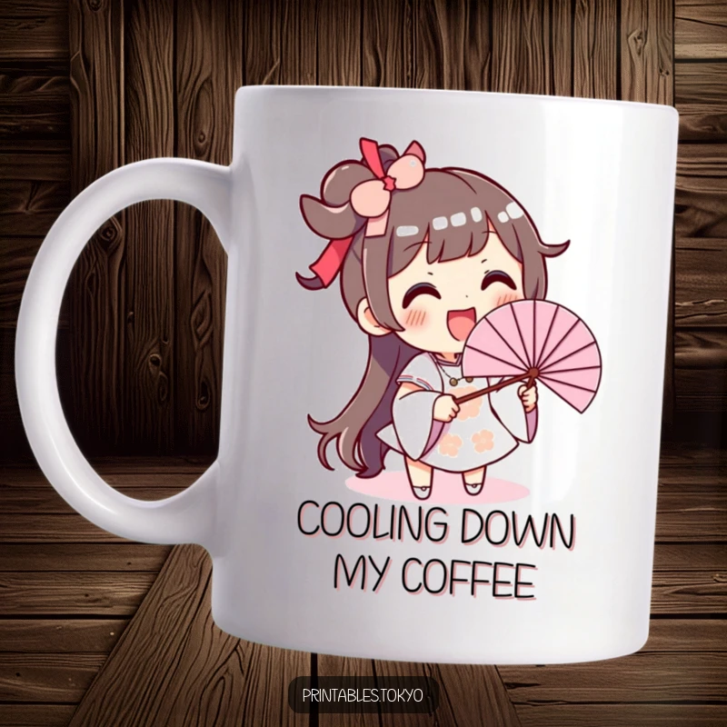 Funny mug showing a character with a huge smile, energetically waving a very large fan to stay cool.