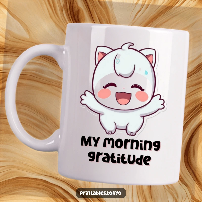 Funny mug of a character bowing deeply with an enormous, happy grin, conveying sincere appreciation and warmth.