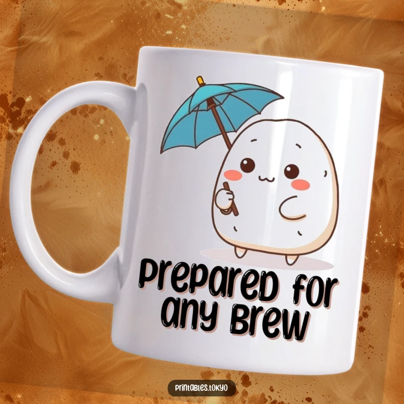 Funny cute onigiri character with a determined expression wielding a tiny umbrella, ready for challenges, whimsical mug design.