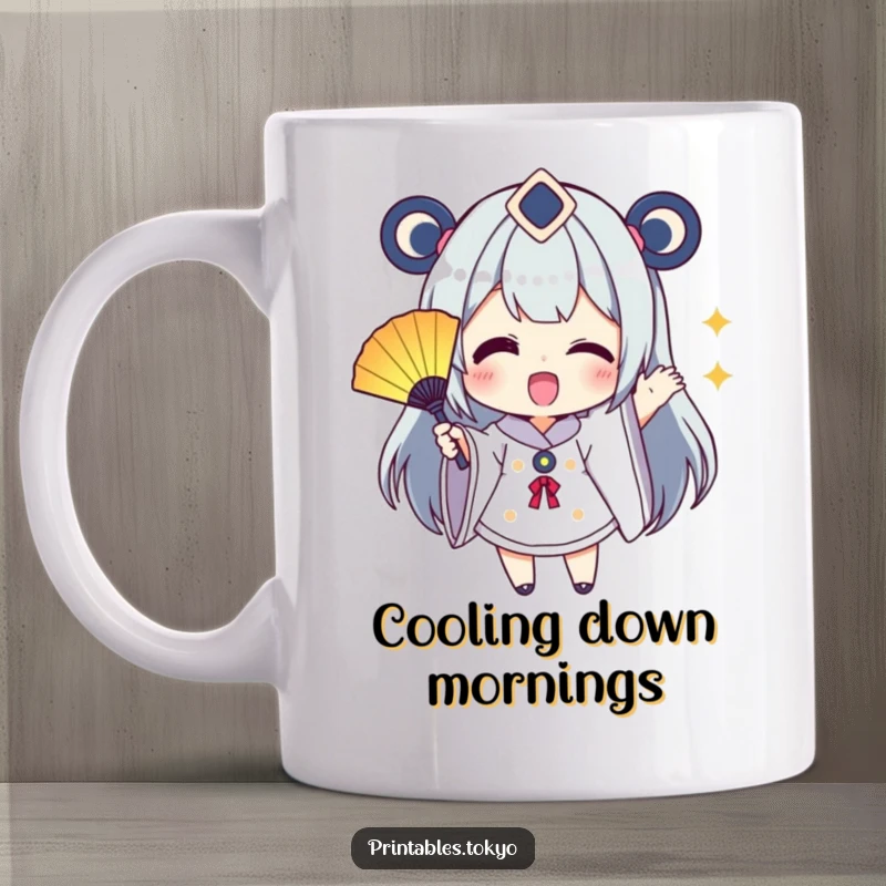 Funny Mug: A character excitedly waves a small, colorful fan, radiating pure joy and enthusiastic energy.