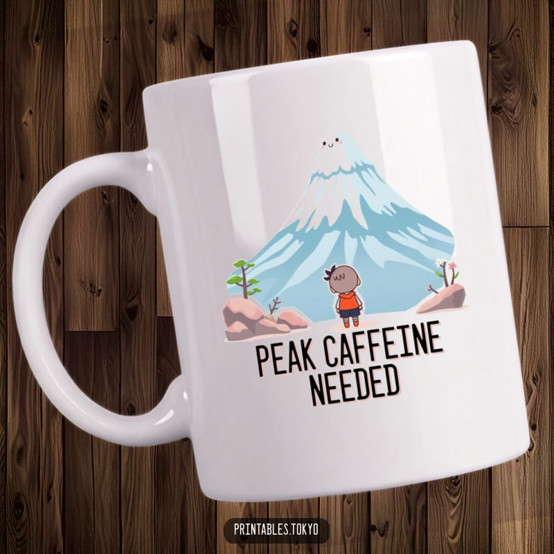 Funny mug showing a small character looking up in amazement at a large, smiling Mount Fuji under a whimsical sky.