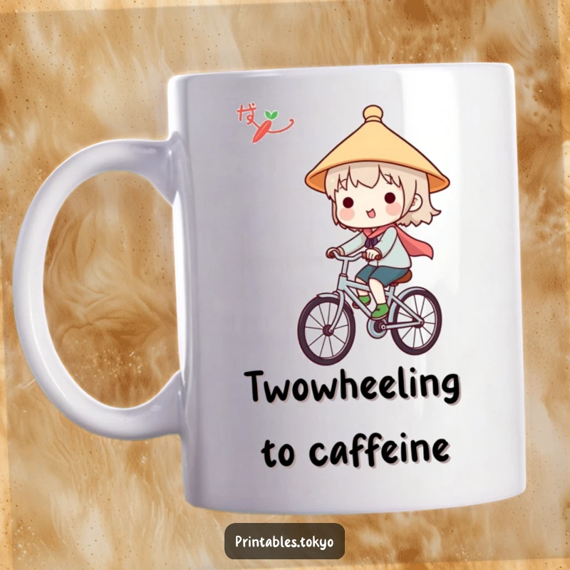 Funny mug featuring a cute character in a Japanese hat, happily cycling on a bicycle, celebrating a joyful journey.