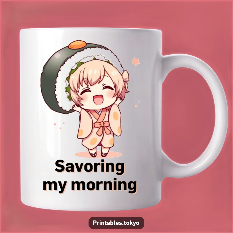 Funny Kimono Sushi Mug - Joyful Character, Oversized Roll, Japanese Gift