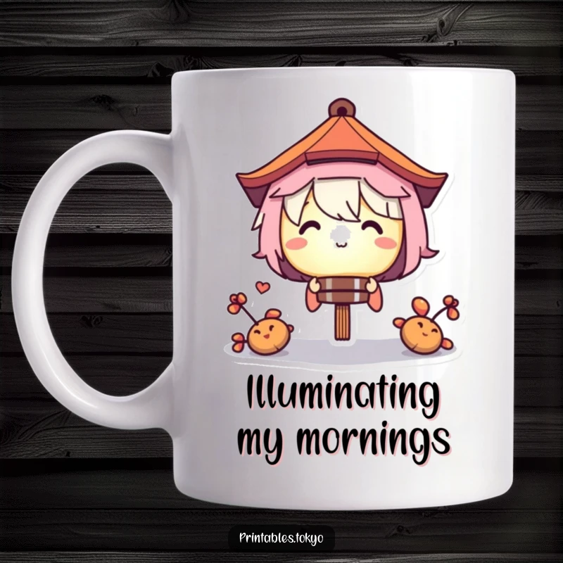 Funny mug with a character playfully peeking over a softly glowing paper lantern, hinting at playful secrets and fun.