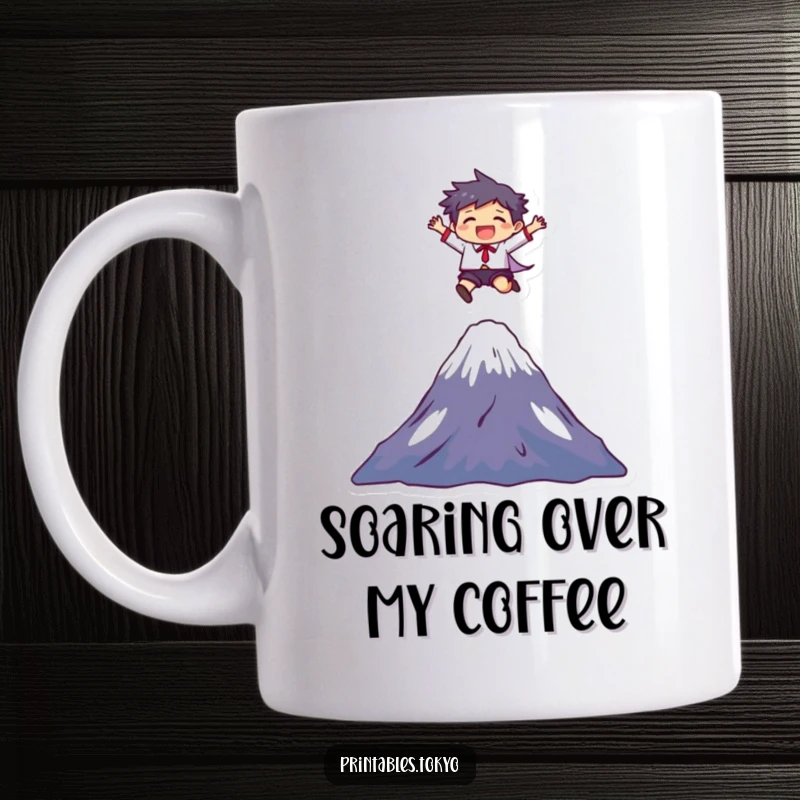 Funny Mug: A character joyfully leaps over Mount Fuji, symbolizing triumph and happiness, a perfect adventurous and funny gift.
