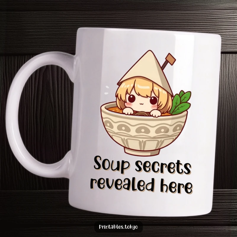Funny mug with a small character in a paper hat peeking out of a steaming ramen bowl, looking surprised and ready to eat.