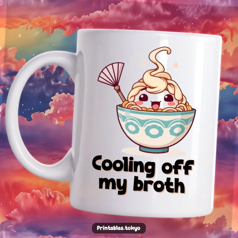 Funny mug featuring a happy ramen bowl character with steam rising, cheerfully waving a tiny fan, conveying warmth and joy.