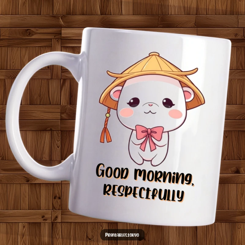 Funny cute creature wearing a traditional Japanese hat, bowing shyly with rosy cheeks, on a coffee mug. Sweet and humorous.
