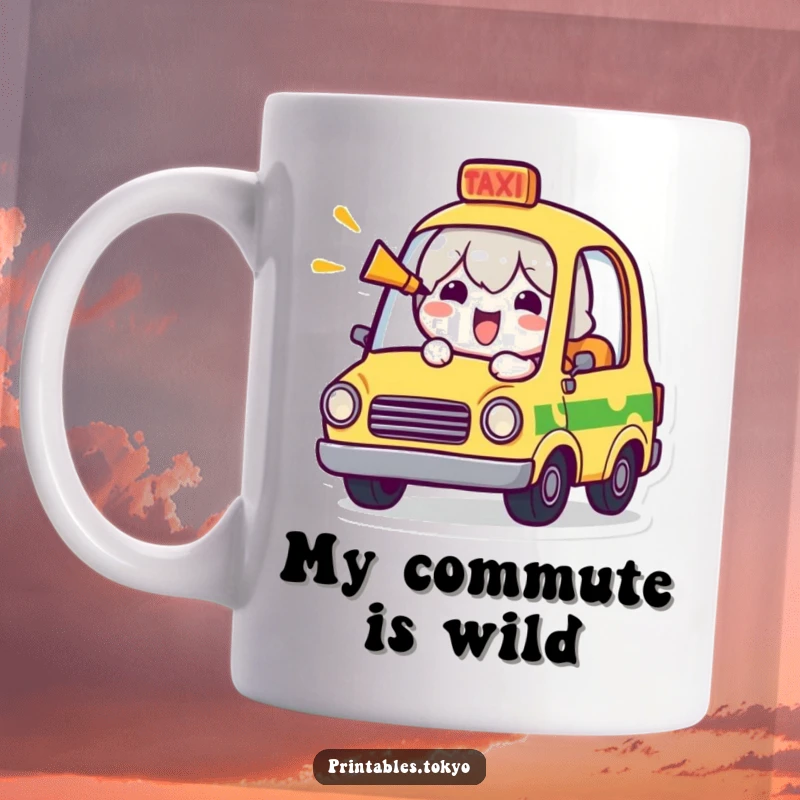 Funny mug featuring a cheerful character in a miniature taxi, enthusiastically honking its horn with a joyful expression.
