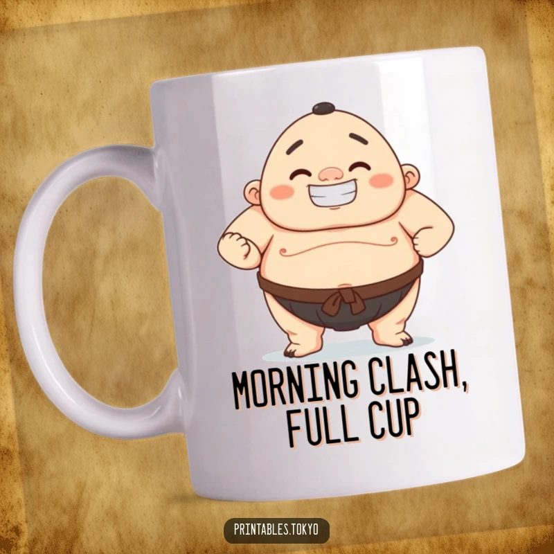 Funny mug depicting a confident character in a sumo wrestling stance with a wide, proud grin.