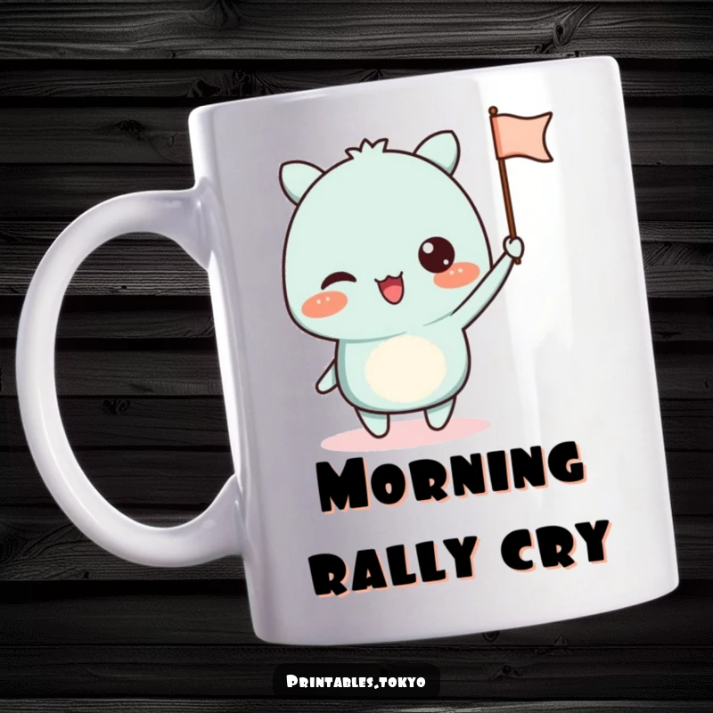 Funny mug showing an excited character cheerfully waving a tiny paper flag with a simple, charming design.