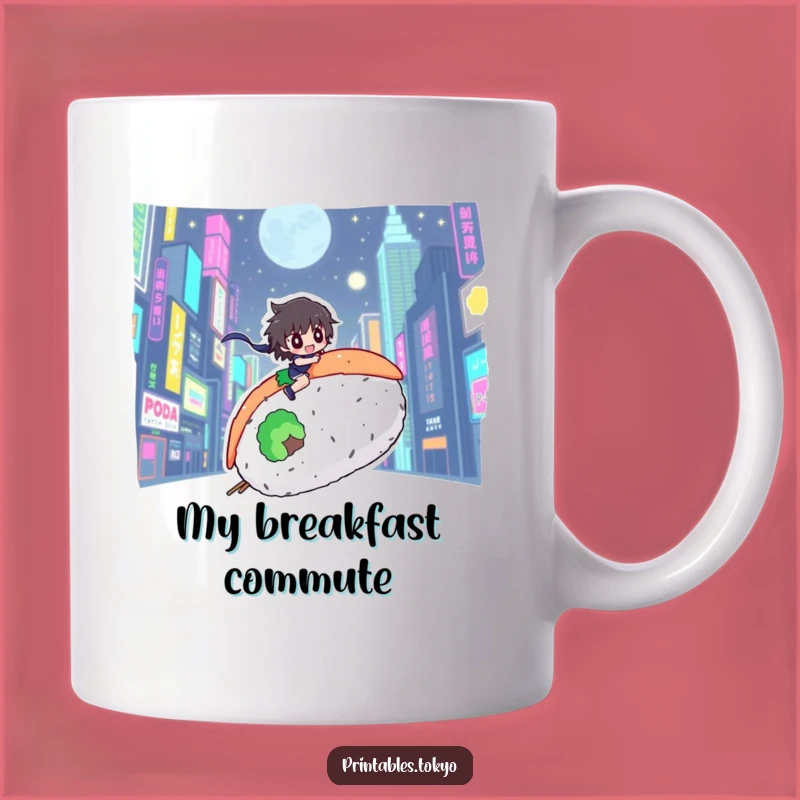 Funny Sushi Rider Mug: Neon City Character, Hilarious Foodie Adventure Gift