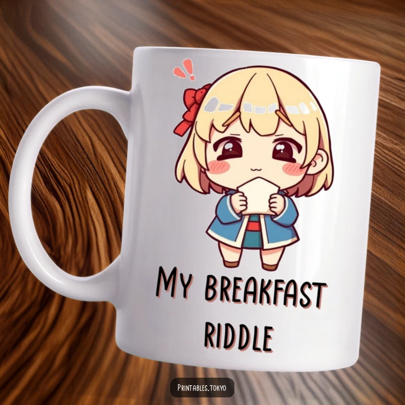 Funny mug showing a character with a hilariously confused expression, holding an open fortune cookie with an unreadable fortune.