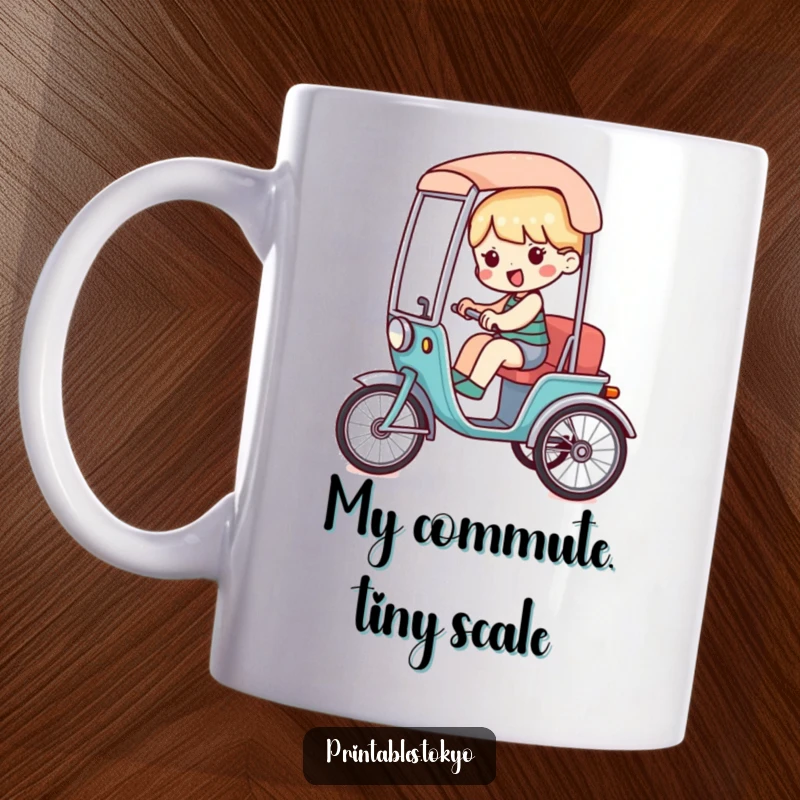 Funny mug featuring a character joyfully riding in a miniature, stylized rickshaw, depicting charming transportation.