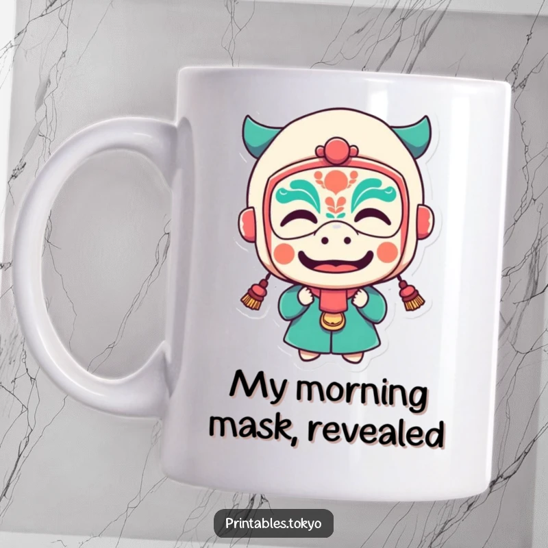 Funny mug featuring a character wearing a tiny, colorful festival mask while making a hilarious, exaggerated funny face.