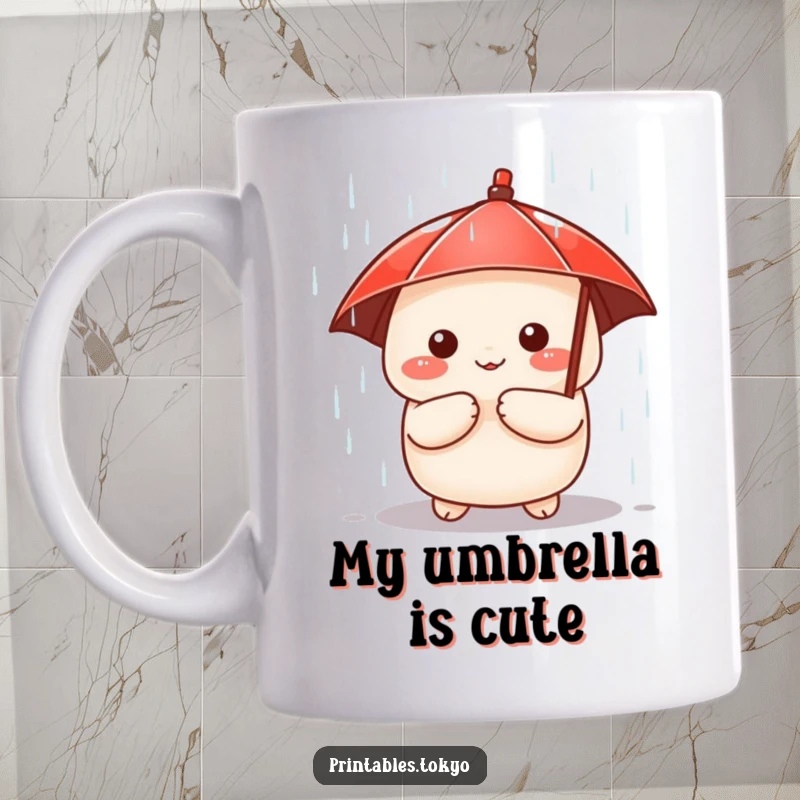 Funny mug featuring a cute dumpling character holding a tiny red umbrella, peeking out from a gentle rain shower, charming illustration.
