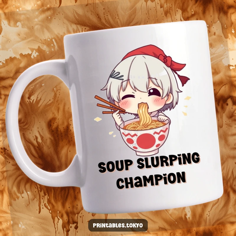 Funny mug showing a character excitedly eating ramen, chopsticks held high in a celebratory pose.