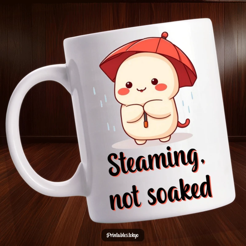 Funny and cute dumpling character wearing a small red umbrella, peeking out from a gentle rain shower.