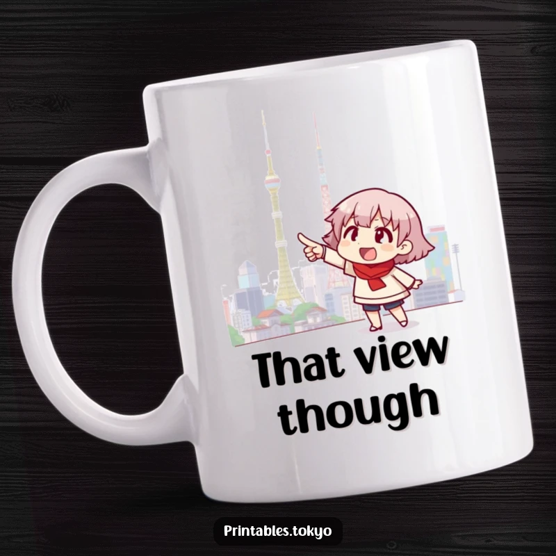 Funny mug showing an excited character enthusiastically pointing towards a dazzling, bright Tokyo skyline illustration.