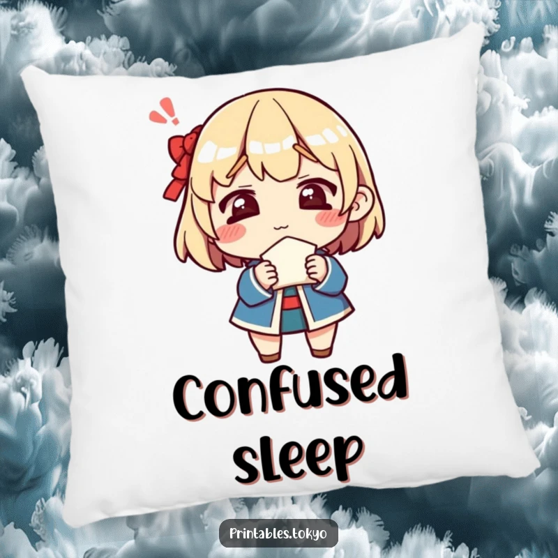 Funny pillow featuring a character's confused expression while holding a fortune cookie, perfect for adding comfort and a touch of puzzling humor.