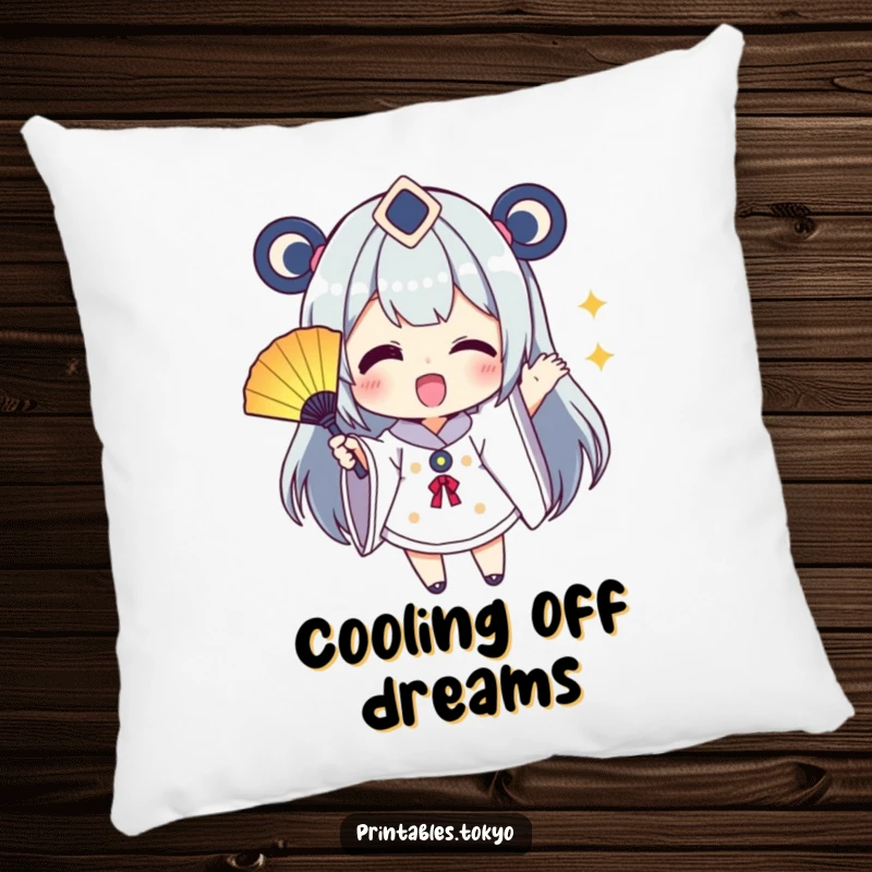 Funny Pillow: A character excitedly waves a small, colorful fan, offering a cozy and vibrant accent with playful humor.